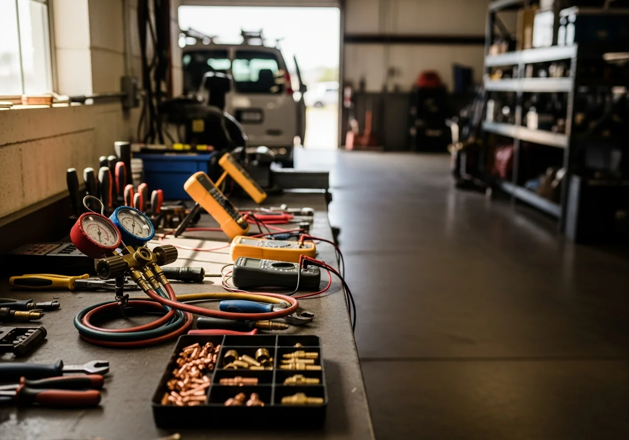 HVAC technician tools and equipment on a workbench, representing professional mechanical service readiness.
