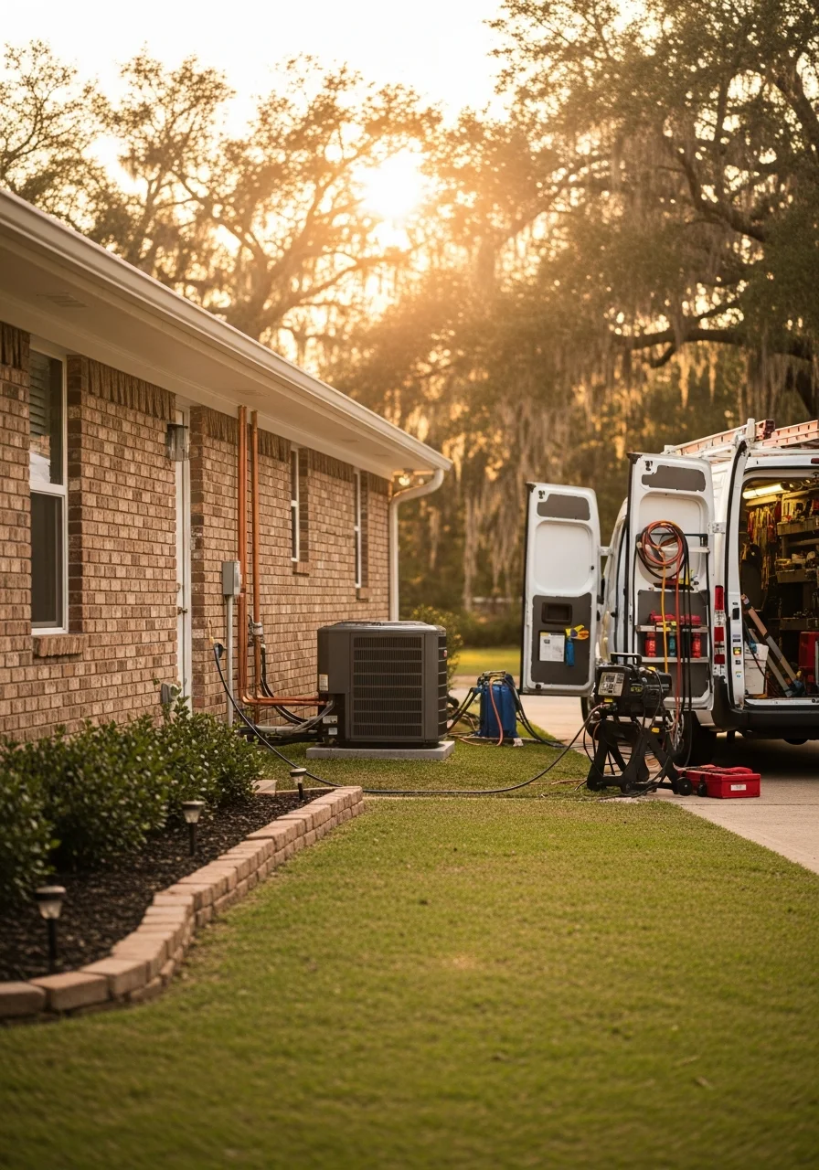A service professional and homeowner discussing property needs on a Denham Springs residential lot.