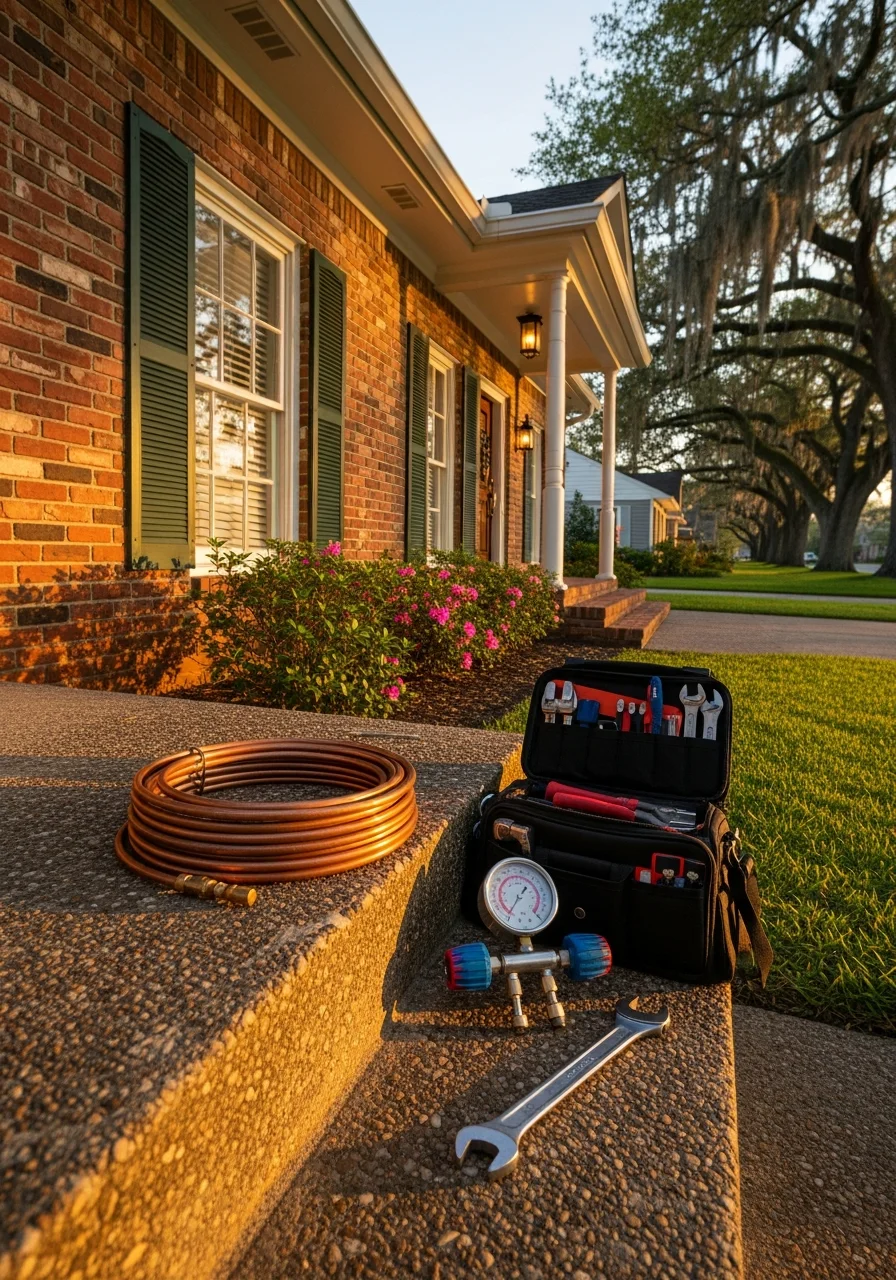 Close-up of a homeowner and service professional discussing property maintenance on a Metairie home's front porch.
