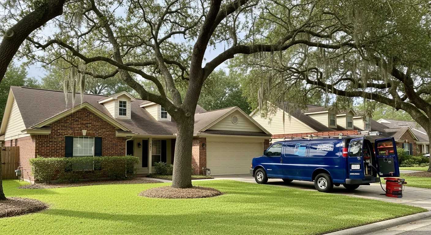 A well-maintained residential home in Metairie with mature oak trees and a manicured lawn, showing typical suburban architecture of the area.