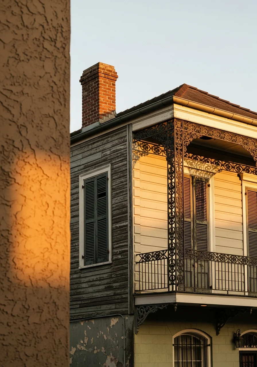 A service professional inspecting the exterior of a New Orleans property, showing attention to detail on local architectural features.