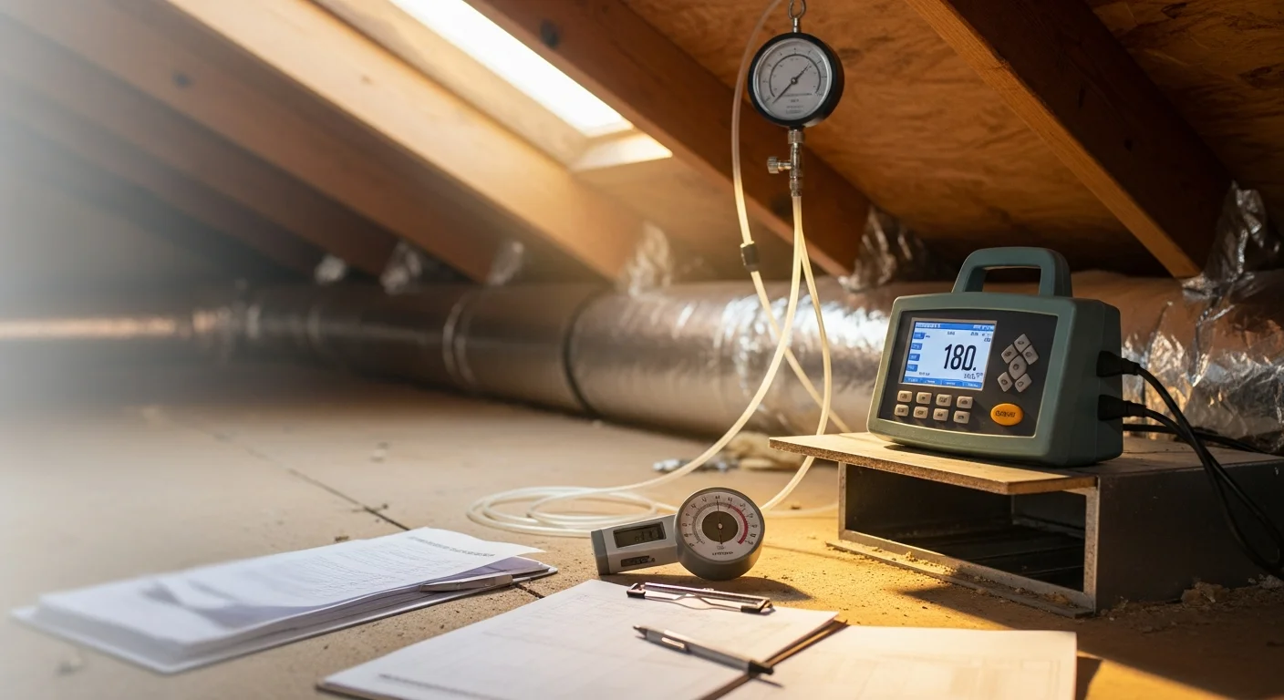 A ductwork contractor using a flow hood at a ceiling supply register inside a Metairie home to measure airflow volume during an air balance test. Attic access panel is visible in the background, showing exposed duct runs above the living space.