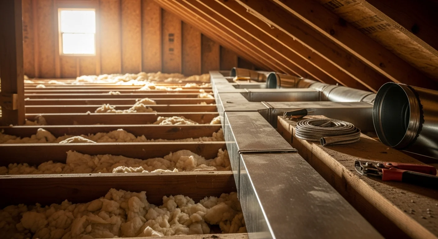 A Wilkerson Mechanical technician installing new ductwork in the attic of a Metairie slab-on-grade home, with fresh sealed duct runs visible against the attic framing.