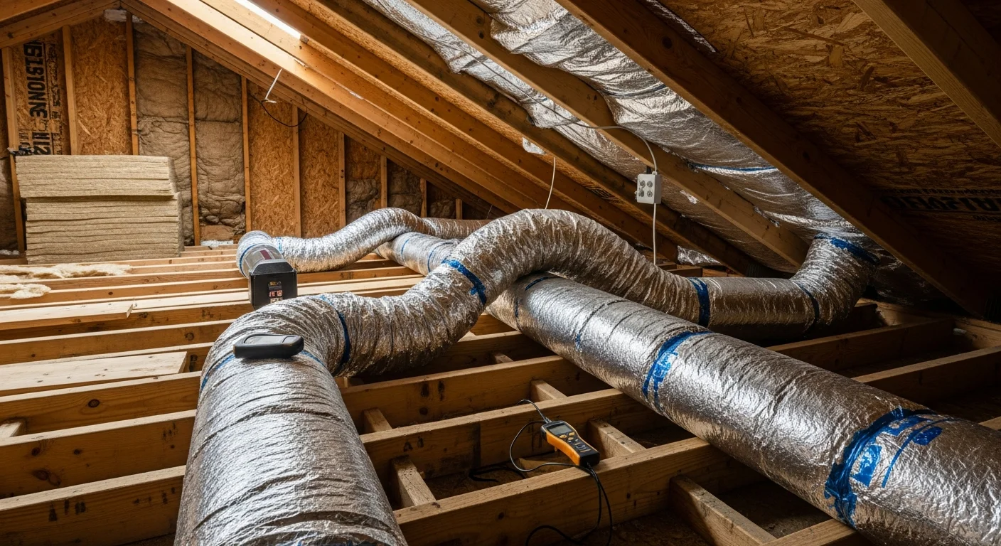A Wilkerson Mechanical technician installing and sealing sheet metal ductwork in the attic of a slab-foundation home in Metairie, Louisiana. Insulated duct runs are connected and routed toward supply registers throughout the house.