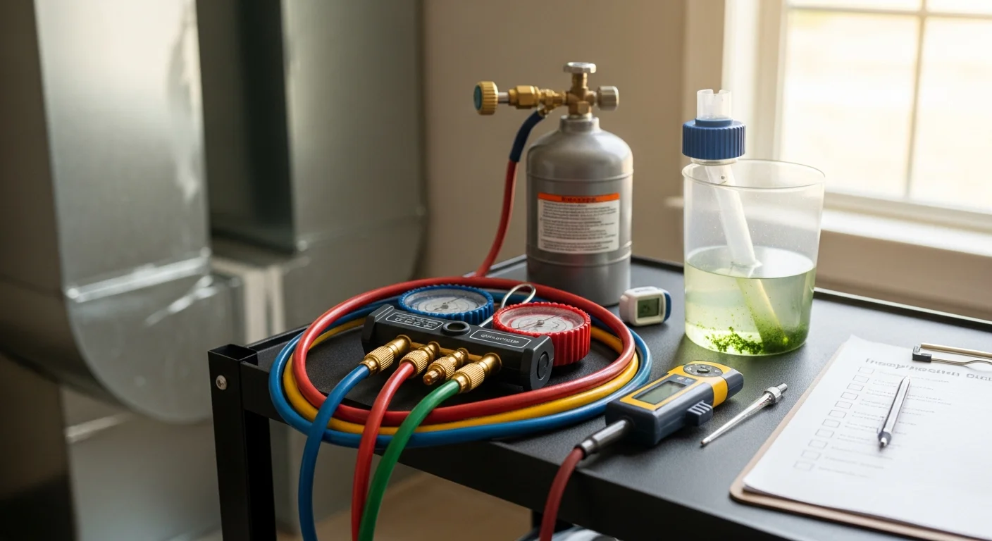 A licensed HVAC technician inspecting an outdoor condenser unit at a residential property in Metairie, Louisiana. The technician checks electrical connections and refrigerant lines on a humid afternoon.