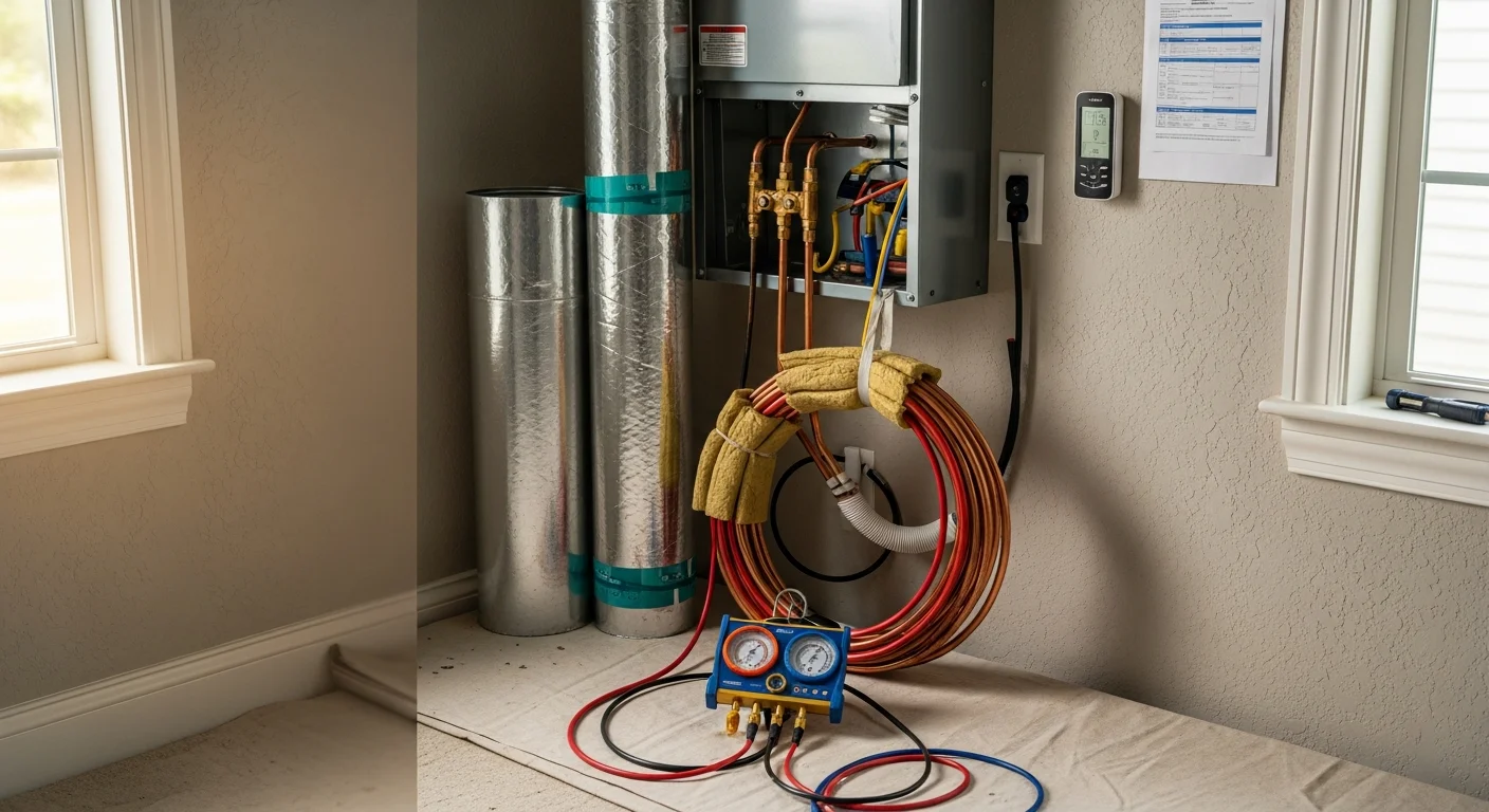 A newly installed residential HVAC outdoor condenser unit positioned beside a single-family home in Metairie, Louisiana. A Wilkerson Mechanical technician reviews the system connections during post-installation commissioning.