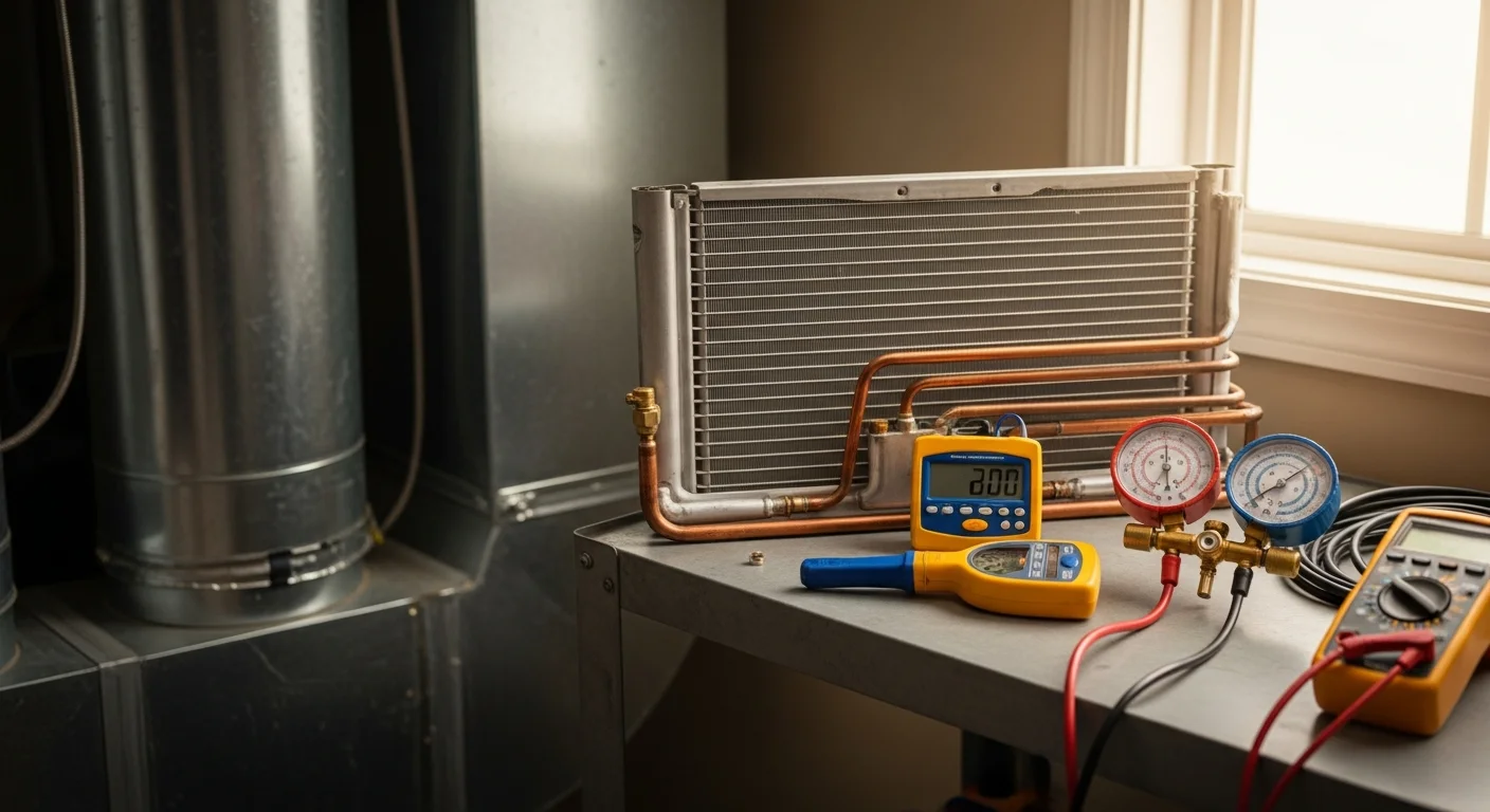 A Wilkerson Mechanical HVAC technician inspecting and cleaning the indoor air handler unit of a residential home in Metairie, Louisiana. The technician checks the condensate drain line and coil during a routine maintenance visit.