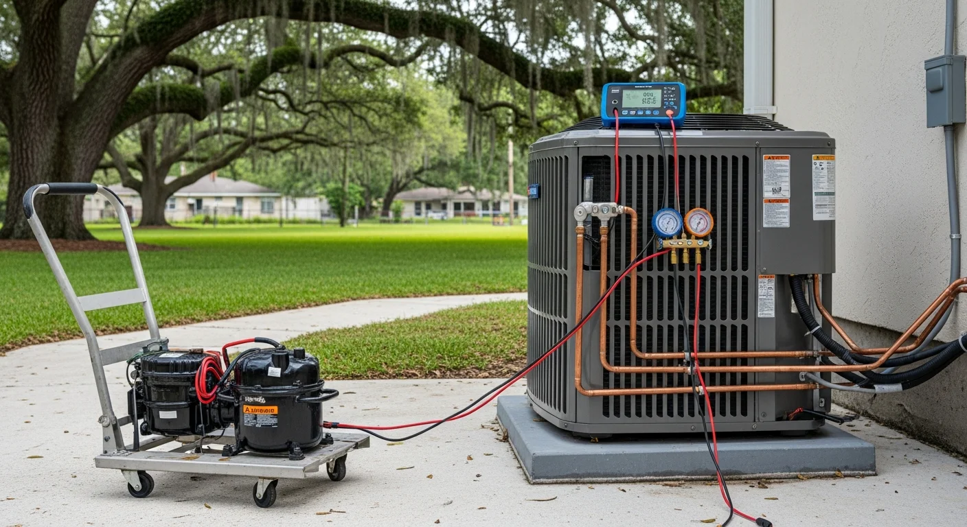 A newly installed HVAC outdoor condenser unit positioned beside a single-family home in Metairie, Louisiana, with clean refrigerant lines and a freshly painted exterior wall visible in the background. A Wilkerson Mechanical technician in a work uniform performs a final system check on the unit.