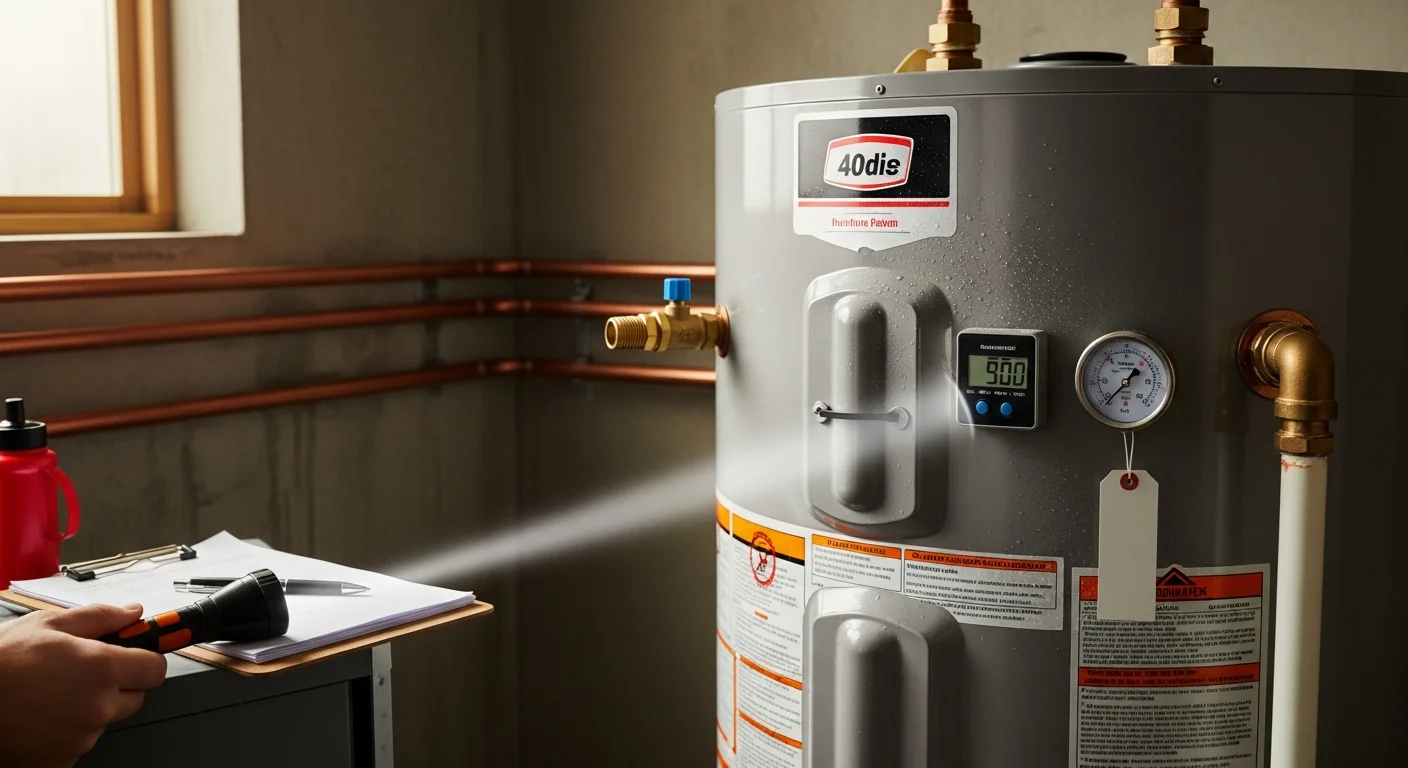 A Wilkerson Mechanical technician inspecting the connections and pressure relief valve on a residential water heater in a Metairie, Louisiana utility room. The technician examines the tank exterior and supply lines for signs of corrosion or wear.