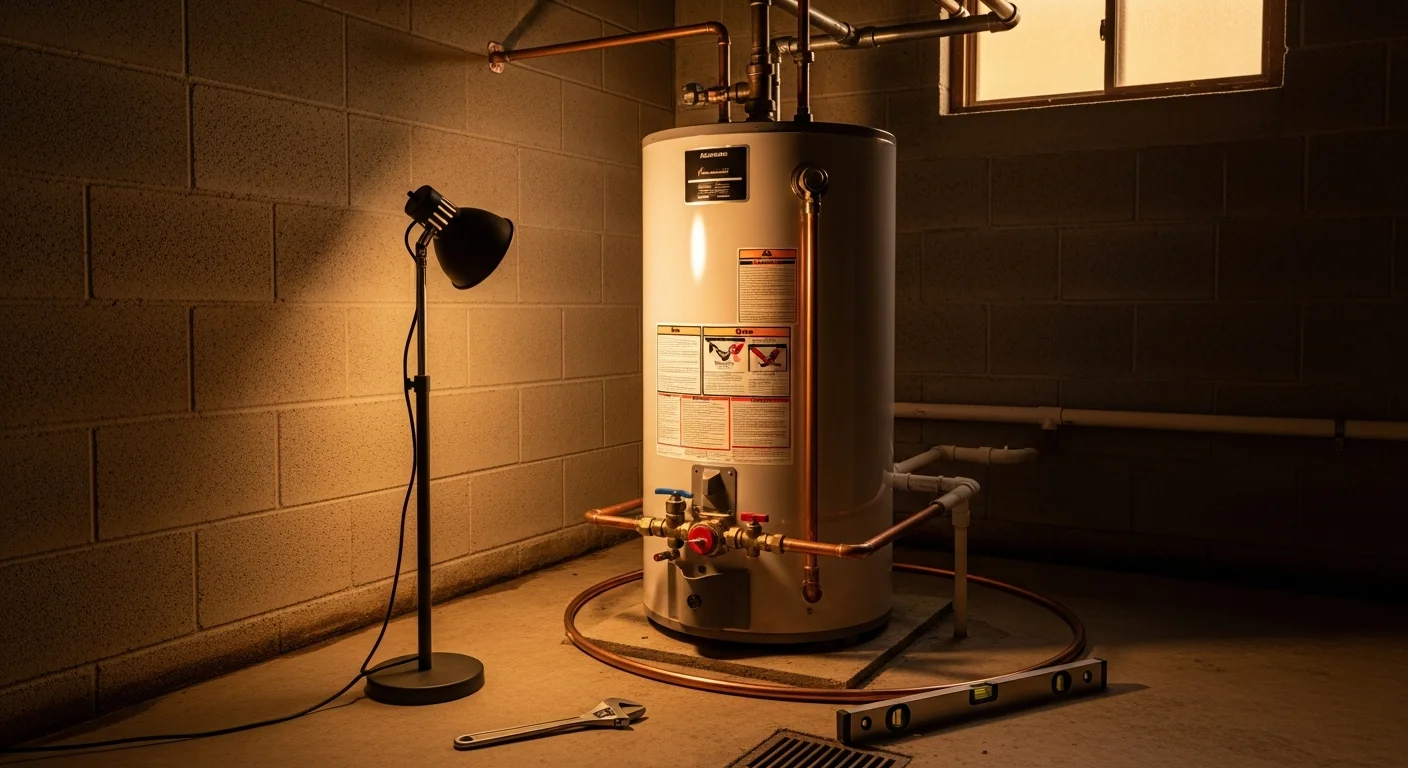 A newly installed water heater in a Metairie, Louisiana home utility space, with clean supply and discharge line connections and a pressure relief valve properly fitted. A Wilkerson Mechanical technician checks the unit for leaks and confirms hot water output before completing the job.
