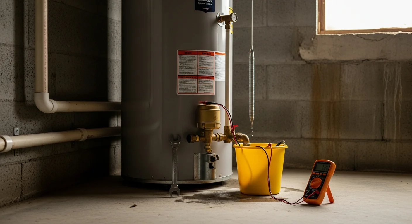 A Wilkerson Mechanical technician inspecting the connections and pressure relief valve on a residential tank water heater inside a Metairie home utility closet. The unit shows signs of corrosion around the fittings, consistent with the humid conditions common in the Metairie area.