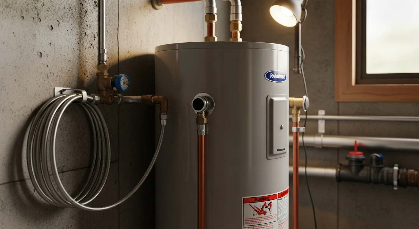 A licensed technician from Wilkerson Mechanical installing a new water heater in a Metairie home utility room. The old tank unit has been removed and the new system is connected to the gas line and water supply.